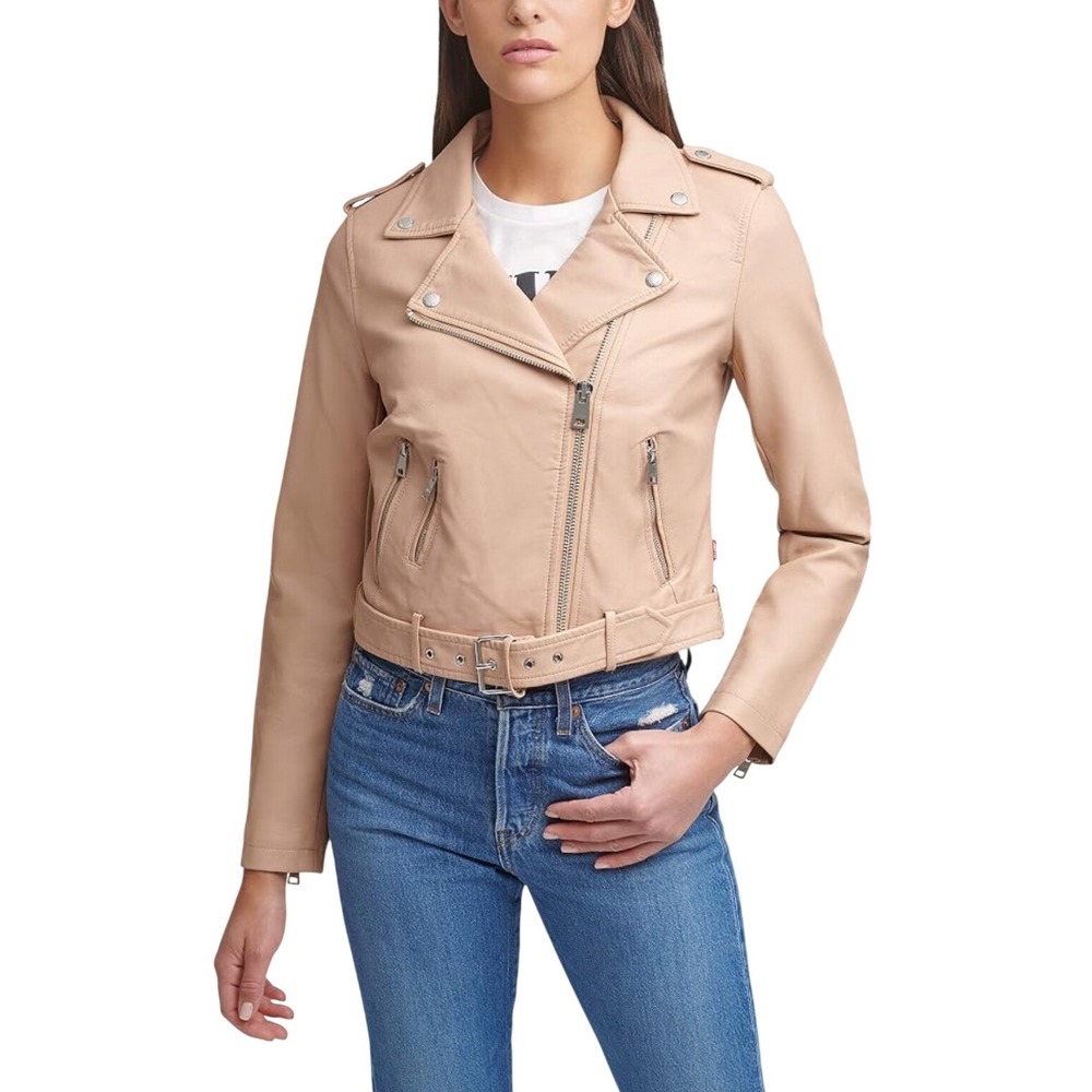 Levis Womens Faux Leather Moto Jacket Biscotti Tan Motorcycle Biker Coat XL